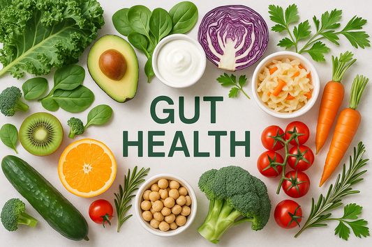 Colorful array of fresh organic vegetables, leafy greens, and probiotic-rich foods arranged beautifully to promote gut health and digestive wellness