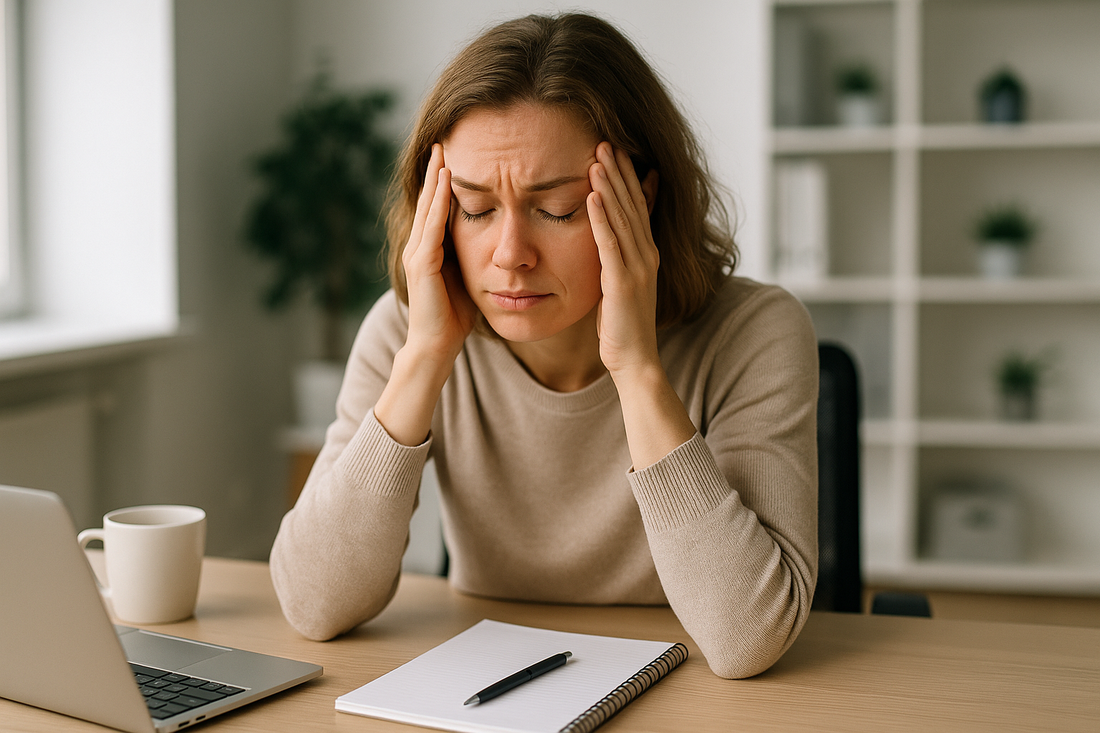 Exhausted woman at desk showing chronic fatigue from inflammation despite adequate sleep
