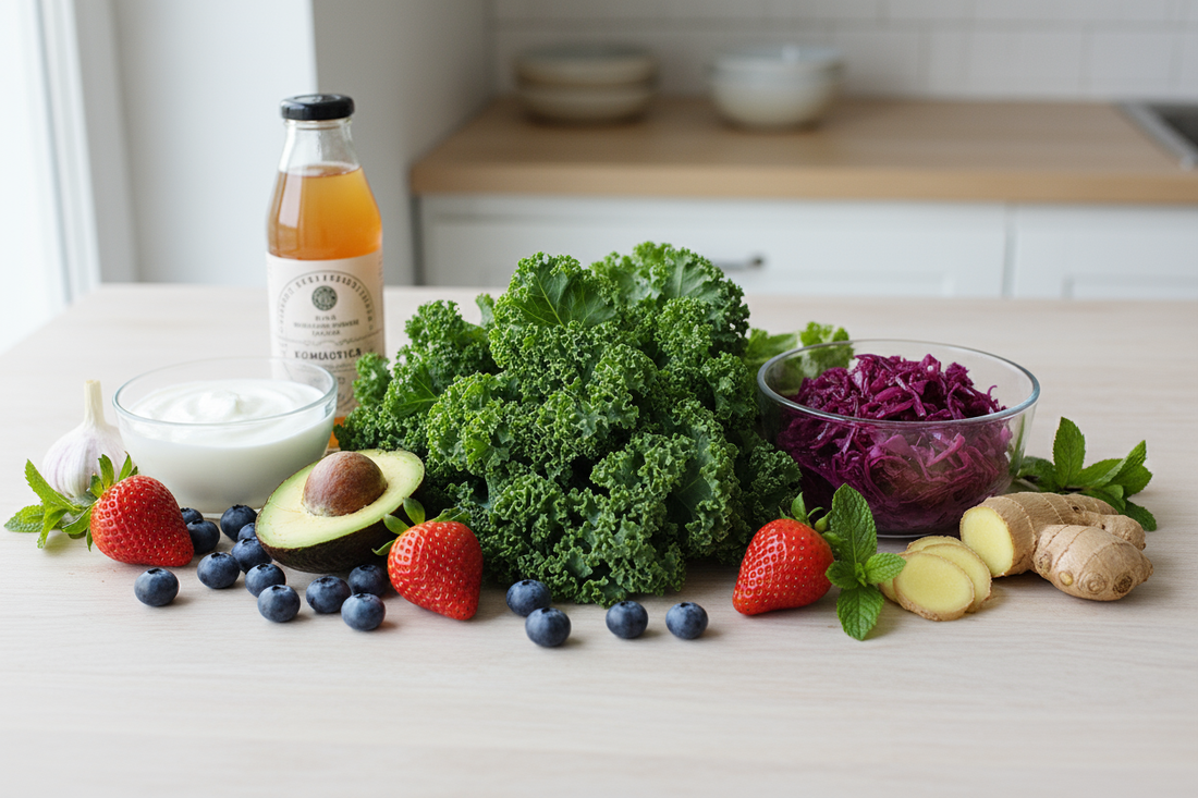 Organic vegetables, leafy greens, berries, and probiotic foods for gut health reset and microbiome balance