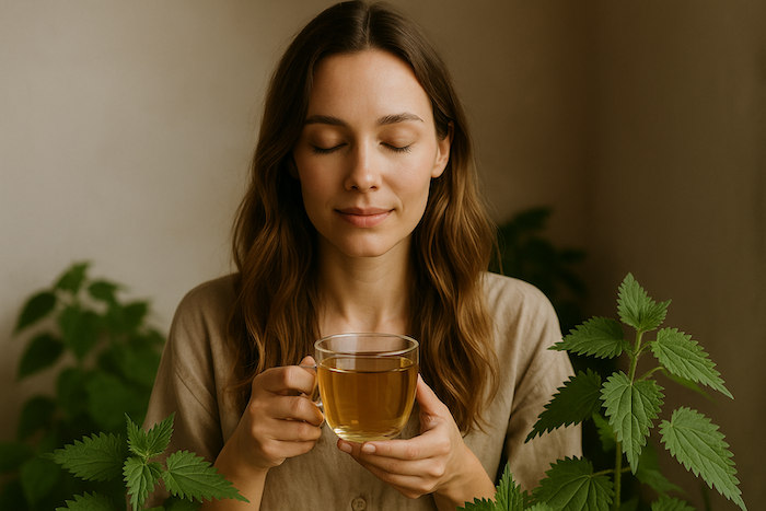 Happy woman drinking herbal nettle tea for natural women's health support