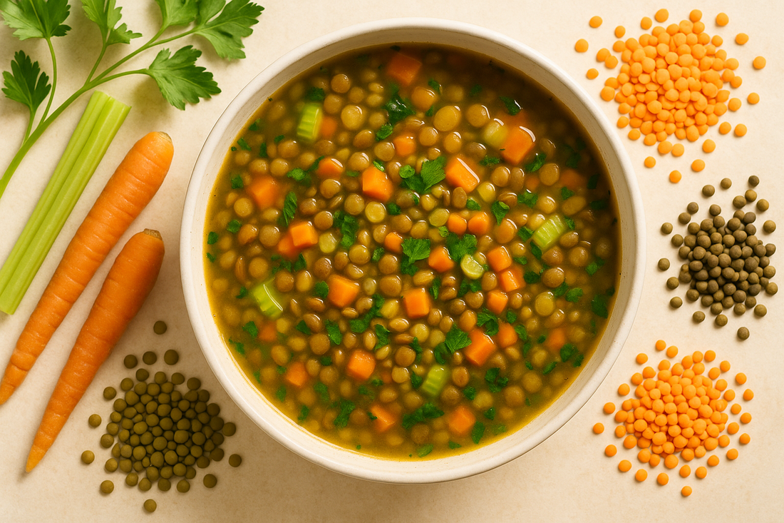 Benefits of lentil soup - colorful bowl of healthy lentil soup with various lentils and fresh vegetables