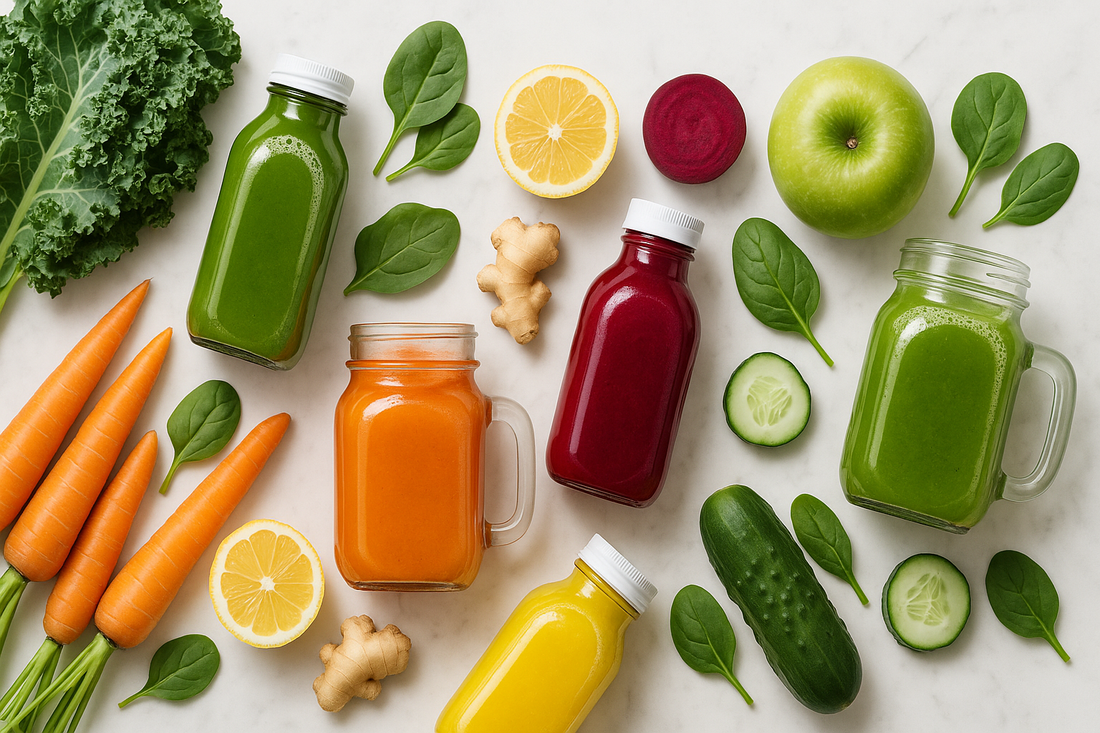 Fresh organic juice cleanse bottles and ingredients - colorful pressed juices with kale, carrots, beets, apples and vegetables on marble countertop