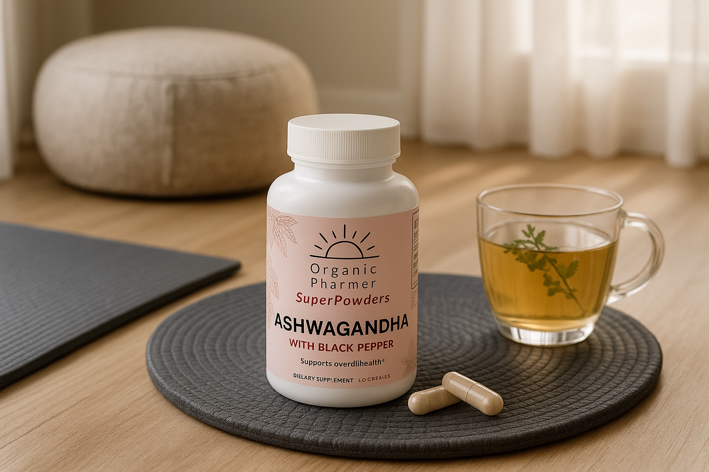 Bottle of Organic Pharmer Ashwagandha with Black Pepper on a wooden surface with a cup of tea and supplements.