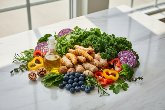 Anti-inflammatory foods including turmeric, ginger, leafy greens, berries, and olive oil for plant-based cleanse