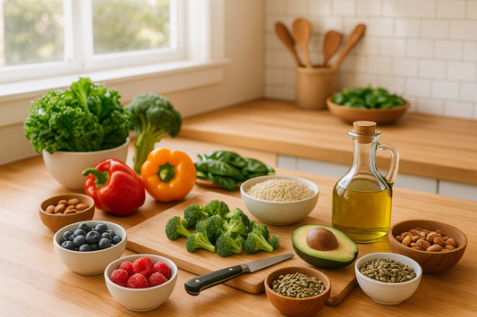 Fresh organic vegetables and healthy ingredients arranged on a wooden kitchen countertop including leafy greens, colorful bell peppers, berries, avocados, nuts, seeds, quinoa, and olive oil in natural lighting - representing anti-inflammatory diet foods