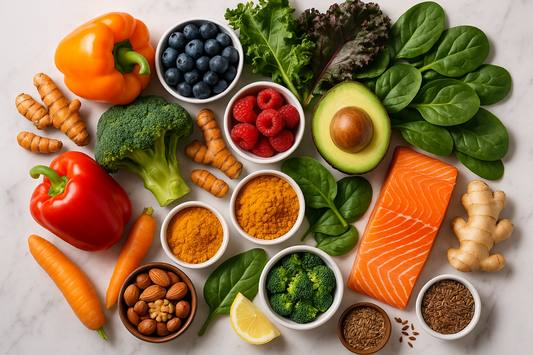 Anti-inflammatory foods including turmeric, ginger, leafy greens, berries, salmon, nuts and seeds arranged on marble surface for natural health and wellness