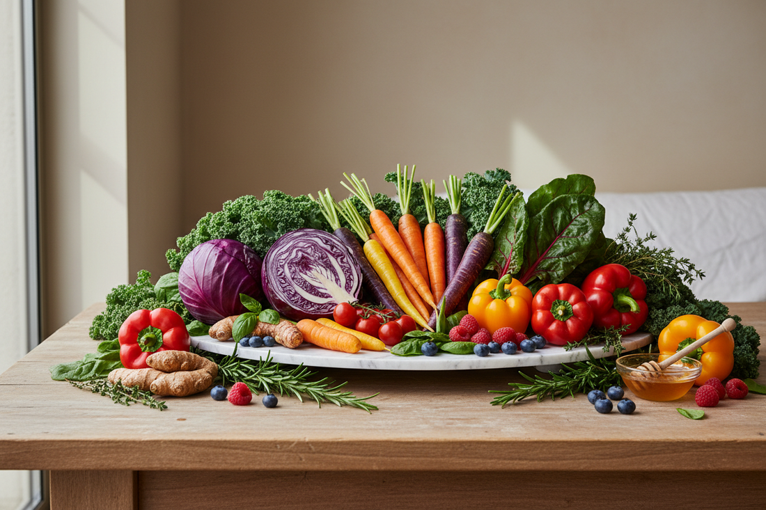 Anti-inflammatory foods for cleansing including organic vegetables, turmeric root, ginger, and fresh herbs