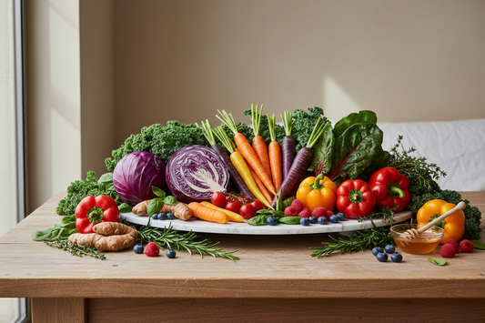 Anti-inflammatory foods for cleansing including organic vegetables, turmeric root, ginger, and fresh herbs