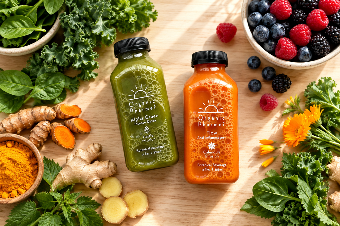 Anti-inflammatory foods and drinks flatlay with turmeric, ginger, berries, and Alpha Green and Flow botanical beverages