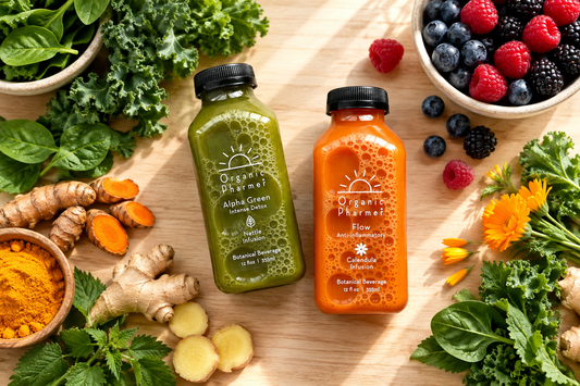 Anti-inflammatory foods and drinks flatlay with turmeric, ginger, berries, and Alpha Green and Flow botanical beverages