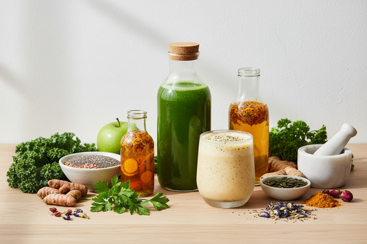 Anti-inflammatory liquid nutrition with green juices, plant protein shakes, and botanical beverages