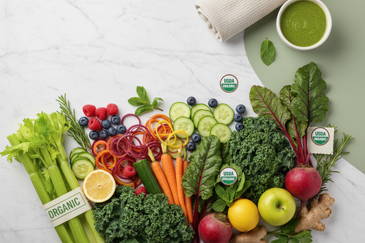 Variety of fresh organic vegetables, fruits, and leafy greens for choosing the best organic liquid cleanse