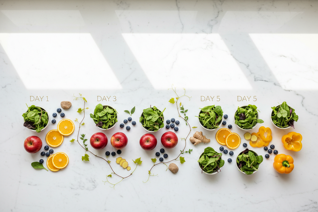 Fresh organic ingredients arranged by cleanse duration showing 1-day, 3-day, and 5-day cleanse portions
