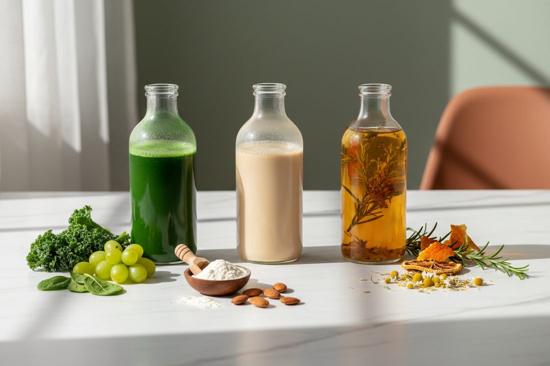 Three-step cleanse sequence showing greens, protein, and botanical liquids in elegant glass bottles arranged in timeline order