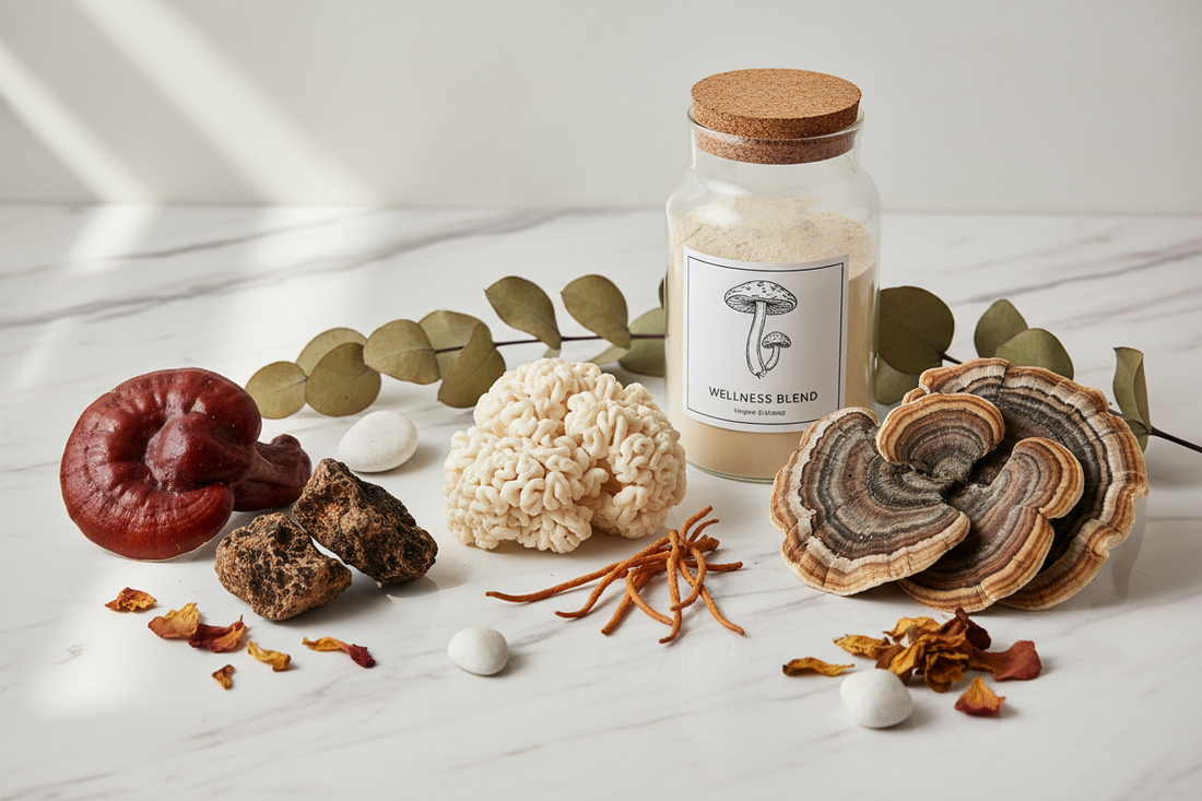 Functional mushroom powders including Reishi, Chaga, Lion's Mane, Cordyceps, and Turkey Tail arranged on marble surface with organic mushroom powder in glass jar