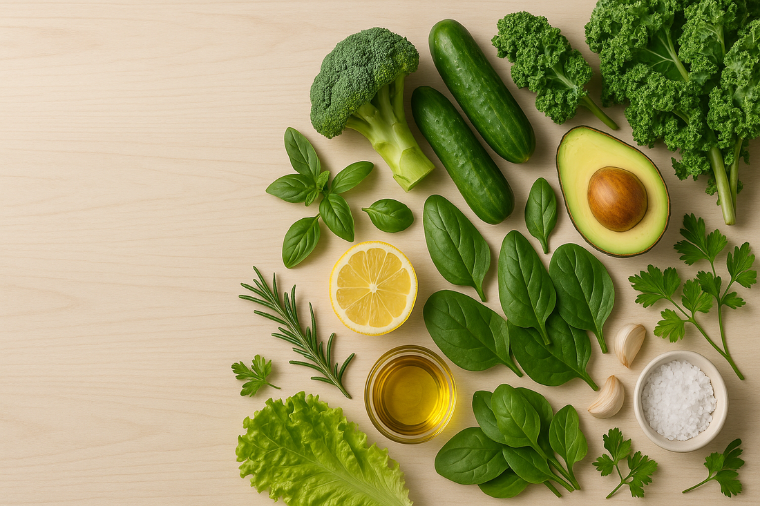 Fresh organic vegetables and herbs for cold-pressed juicing and healthy nutrition