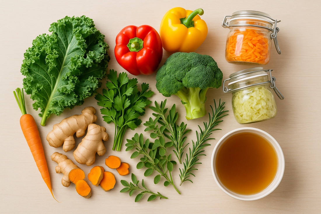 Fresh organic vegetables, healing herbs, ginger, turmeric, fermented foods and bone broth arranged on wooden surface for gut health reset