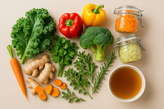 Fresh organic vegetables, healing herbs, ginger, turmeric, fermented foods and bone broth arranged on wooden surface for gut health reset
