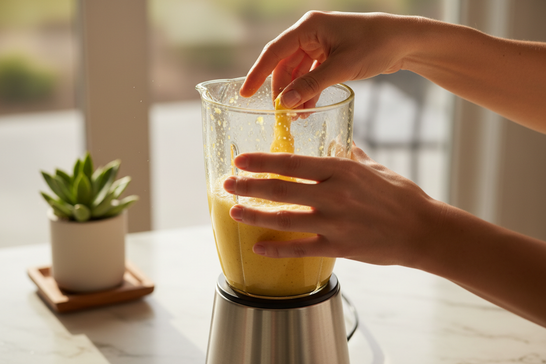 Preparing a golden organic plant protein shake post-workout for natural muscle recovery and anti-inflammatory support