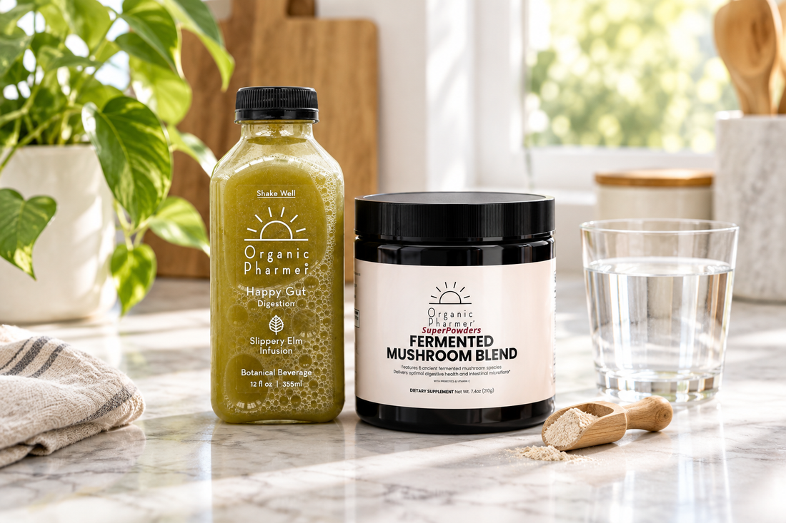 Happy Gut beverage and Organic Fermented Mushroom Blend as part of a daily gut-health routine