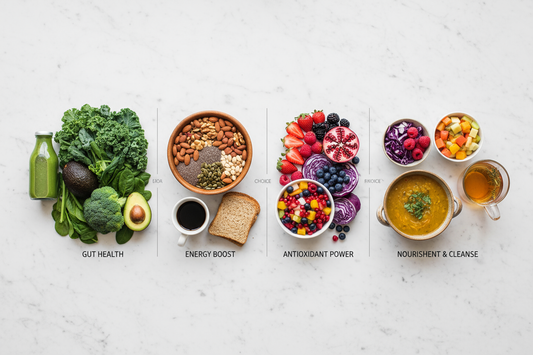 Variety of healthy organic foods for different cleanse goals including gut health, energy, and weight balance