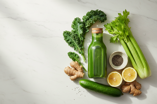 Fresh green juice surrounded by organic ingredients including leafy greens, cucumber, and ginger for liquid cleanse