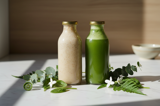 Side-by-side comparison of functional liquid cleanse and green juice in elegant glass bottles on marble surface with fresh botanicals