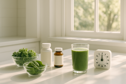 5-minute morning wellness routine setup with organic green smoothie ingredients, supplements, and timer for heart health