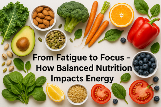 Fresh organic vegetables and healthy foods arranged on clean background representing balanced nutrition for sustained energy and focus