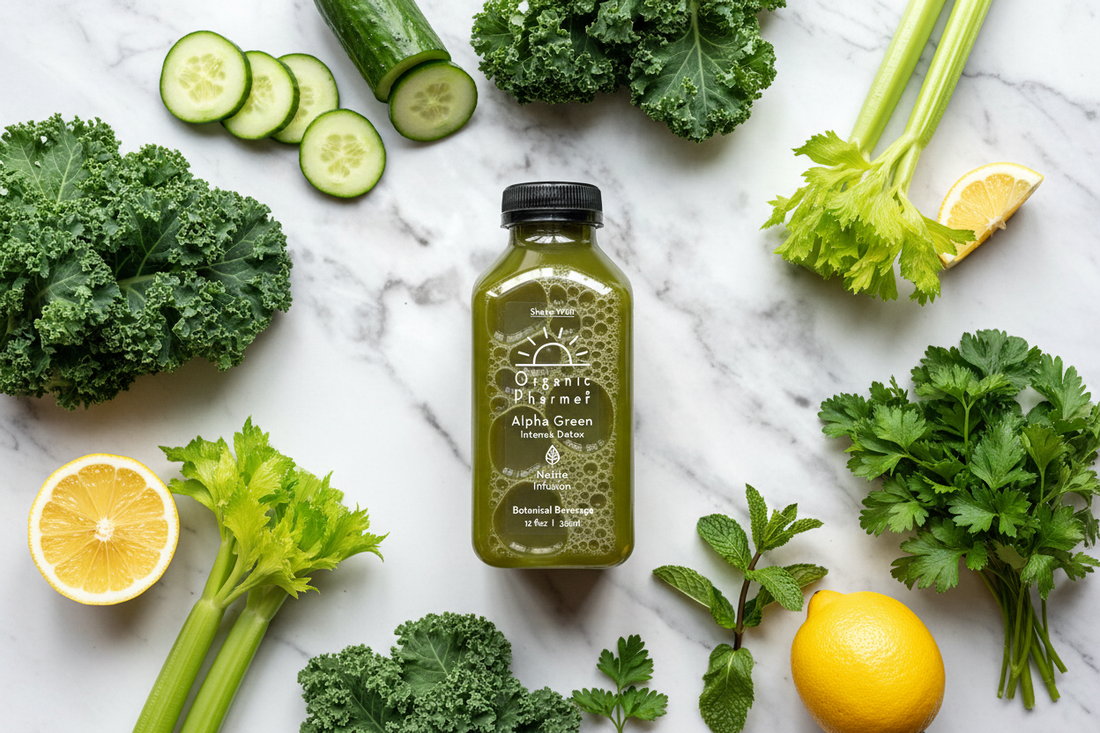Organic Pharmer Alpha Green Intense Detox cold-pressed botanical beverage with fresh kale, cucumber, celery, parsley and mint — whole-plant green juice with nettle infusion for daily phytonutrient support