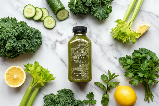 Organic Pharmer Alpha Green Intense Detox cold-pressed botanical beverage with fresh kale, cucumber, celery, parsley and mint — whole-plant green juice with nettle infusion for daily phytonutrient support
