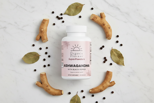 Organic Pharmer Ashwagandha with Black Pepper capsules with raw ashwagandha root and piperine for enhanced adaptogen absorption and stress support