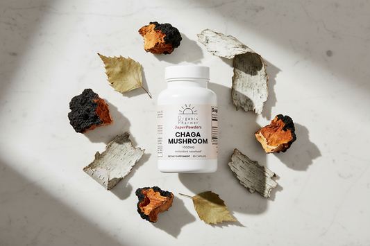 Organic Pharmer wild-harvested Chaga Mushroom capsules with raw chaga conk and birch bark — antioxidant-rich functional mushroom supplement for immune and wellness support