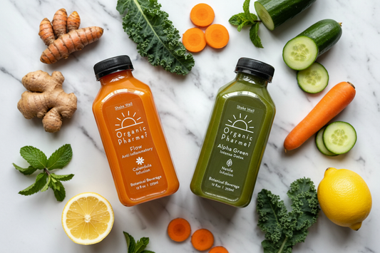 Organic Pharmer Flow Anti-inflammatory and Alpha Green Intense Detox cold-pressed botanical beverages with fresh turmeric, ginger, kale and cucumber — whole-plant functional drinks for daily wellness