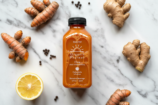 Organic Pharmer Flow Anti-inflammatory botanical beverage with fresh turmeric root, ginger and black peppercorns — cold-pressed whole-plant curcumin source with natural piperine for enhanced bioavailability