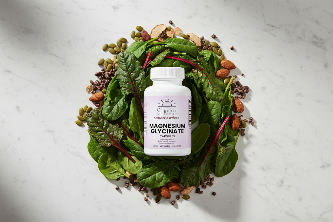 Organic Pharmer Magnesium Glycinate capsules with magnesium-rich whole foods including spinach, pumpkin seeds, almonds and cacao — chelated magnesium for superior absorption and daily wellness support
