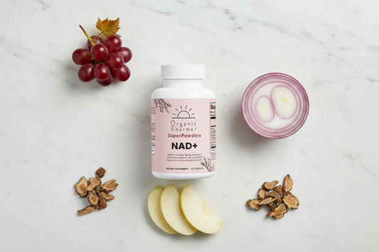 Organic Pharmer NAD+ Supplement with Quercetin and Resveratrol alongside natural ingredient sources including red grapes, red onion and Japanese knotweed for cellular energy and longevity support
