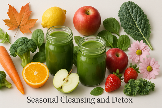 Seasonal cleansing benefits - fresh organic vegetables, fruits and green juices arranged with seasonal elements for optimal health and detoxification