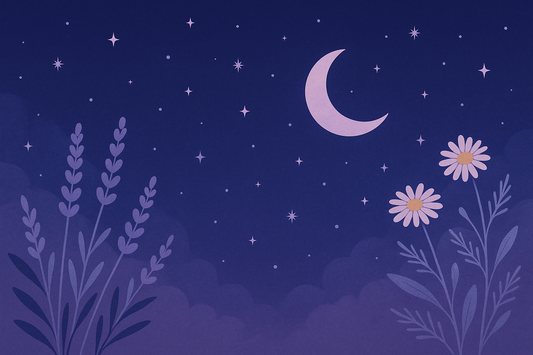 The science of sleep - peaceful nighttime scene with moon, stars and botanical elements representing natural sleep solutions and wellness