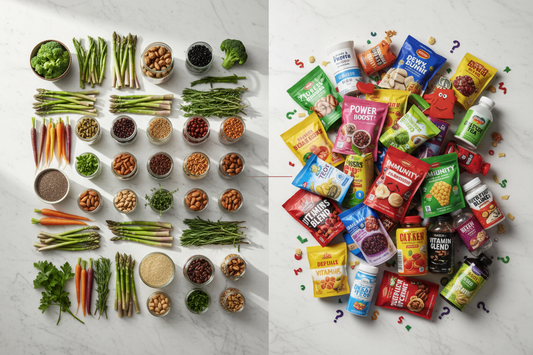 Whole organic foods and functional nutrition ingredients showing real quality versus marketing hype in cleanses