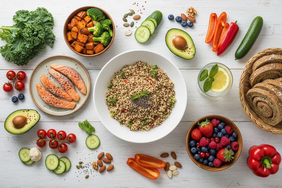 Wholesome post-cleanse foods including fresh vegetables, whole grains, fruits, nuts, and seeds for balanced nutrition