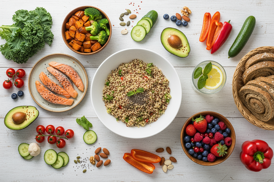 Wholesome post-cleanse foods including fresh vegetables, whole grains, fruits, nuts, and seeds for balanced nutrition