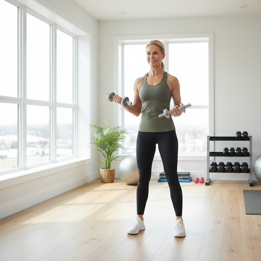 Woman in her 50s strength training with dumbbells at home — creatine benefits for women over 40 and menopause support