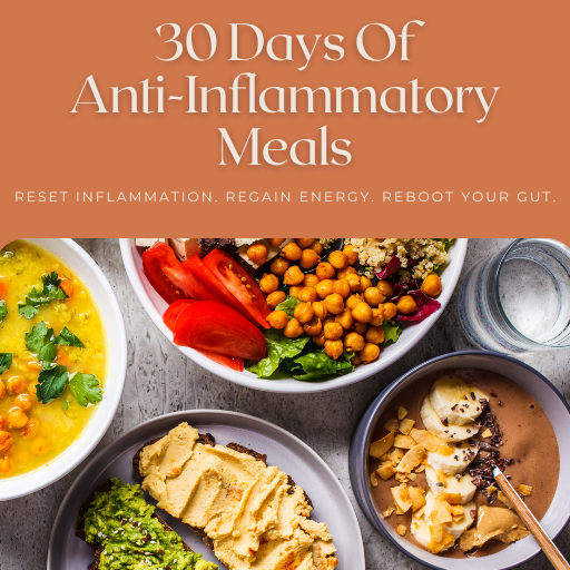 Book cover of '30 Days of Anti-Inflammatory Meals' by Organic Pharmer with images of healthy meals.