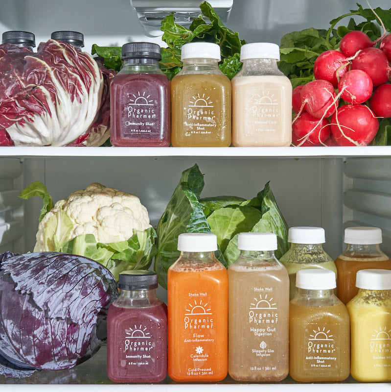 Organic pharmer healing beverages in your fridge