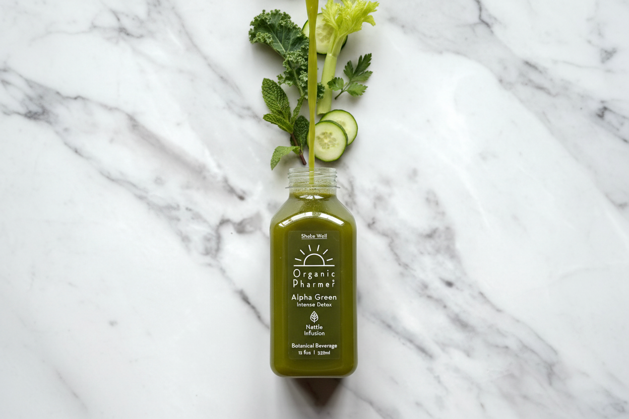 Alpha Green with correct branding and ingredients pouring in