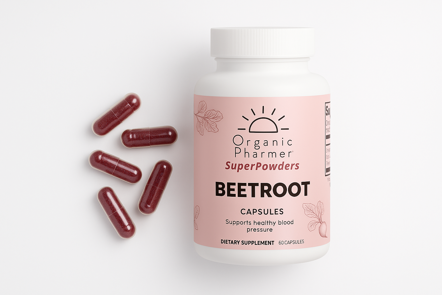 Beetroot capsule bottle with individual capsules