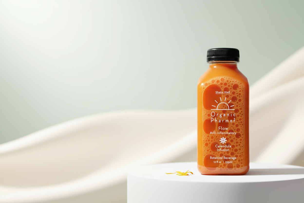 Clean hero shot of Organic Pharmer Flow beverage