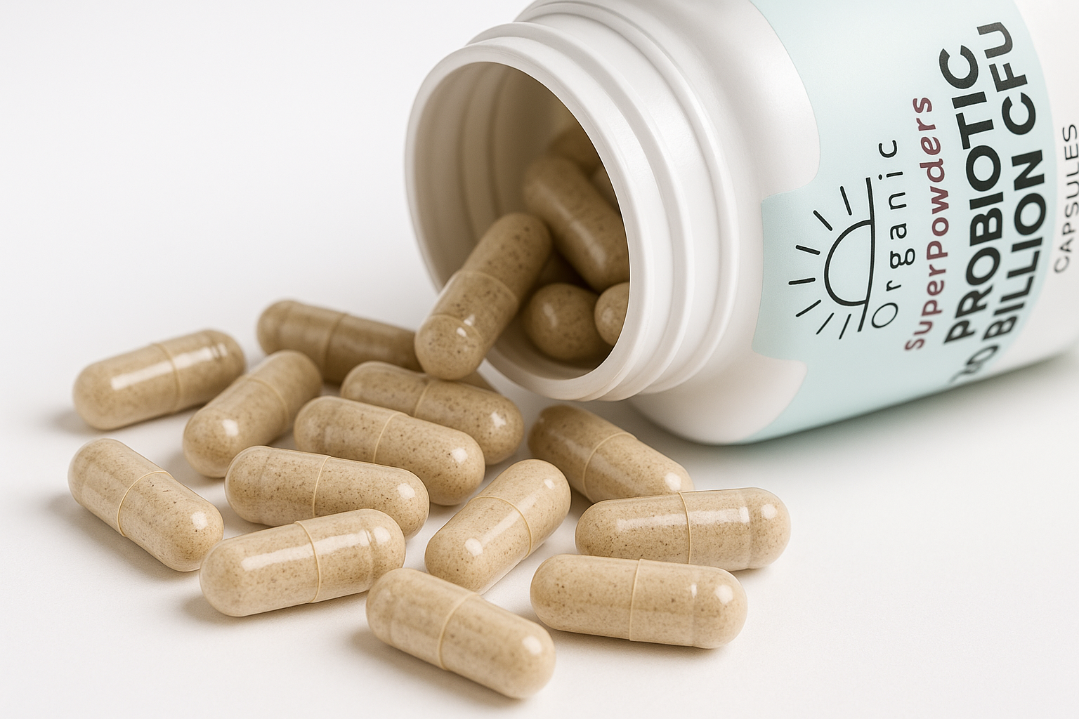 Close-up of SuperPowders probiotic capsules