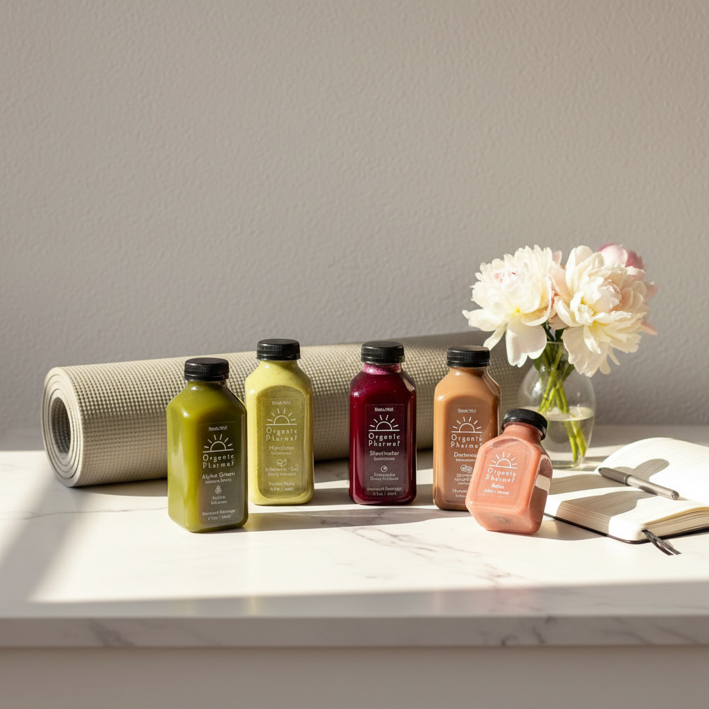 Morning wellness routine with Organic Pharmer bottles